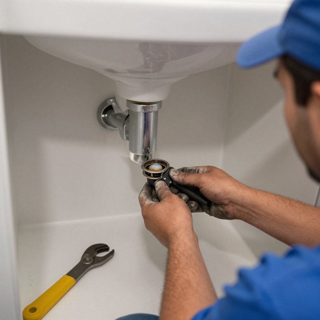 Bathroom sink drain cleaning in progress
