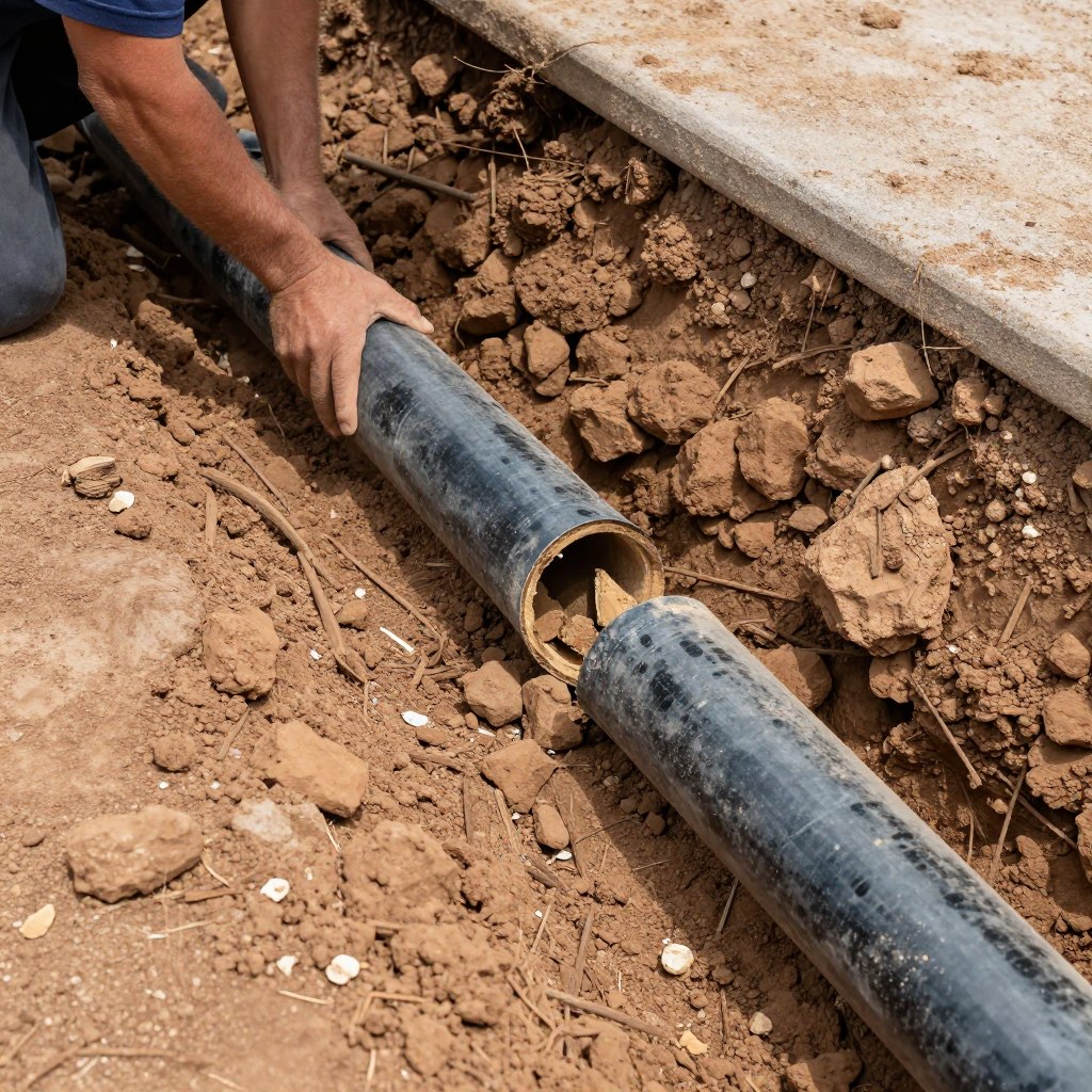 Before and after pipe repair in clay soil area