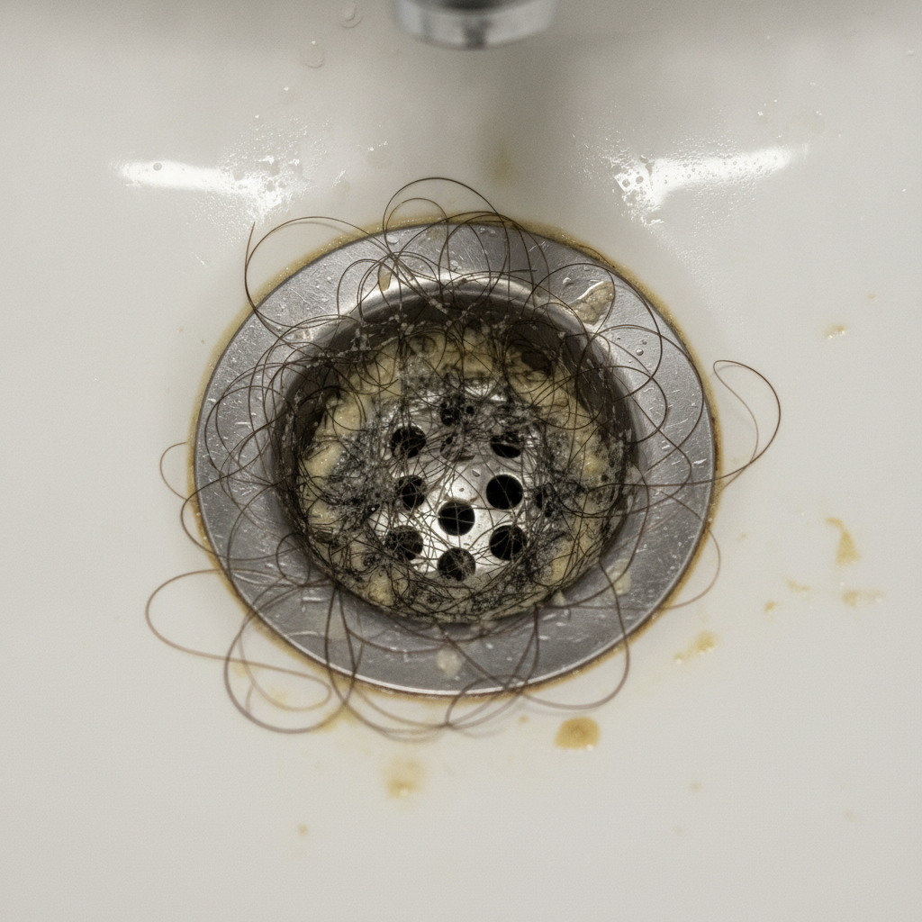 Clogged drain with visible debris buildup in Stone Oak home