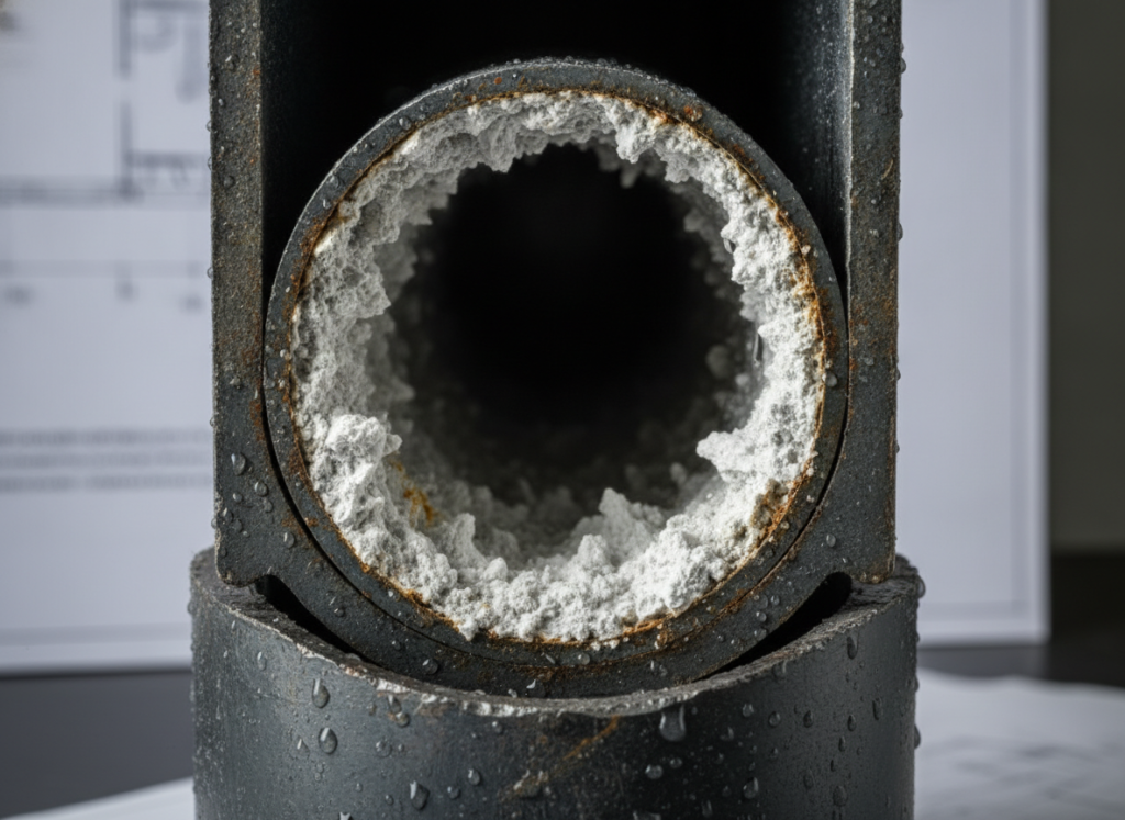 Close-up of mineral deposits inside drain pipe from hard water