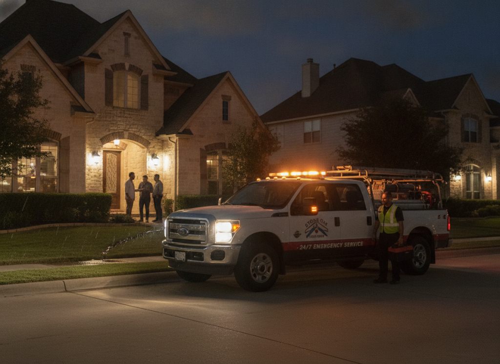 Emergency drain cleaning service vehicle responding to Stone Oak home