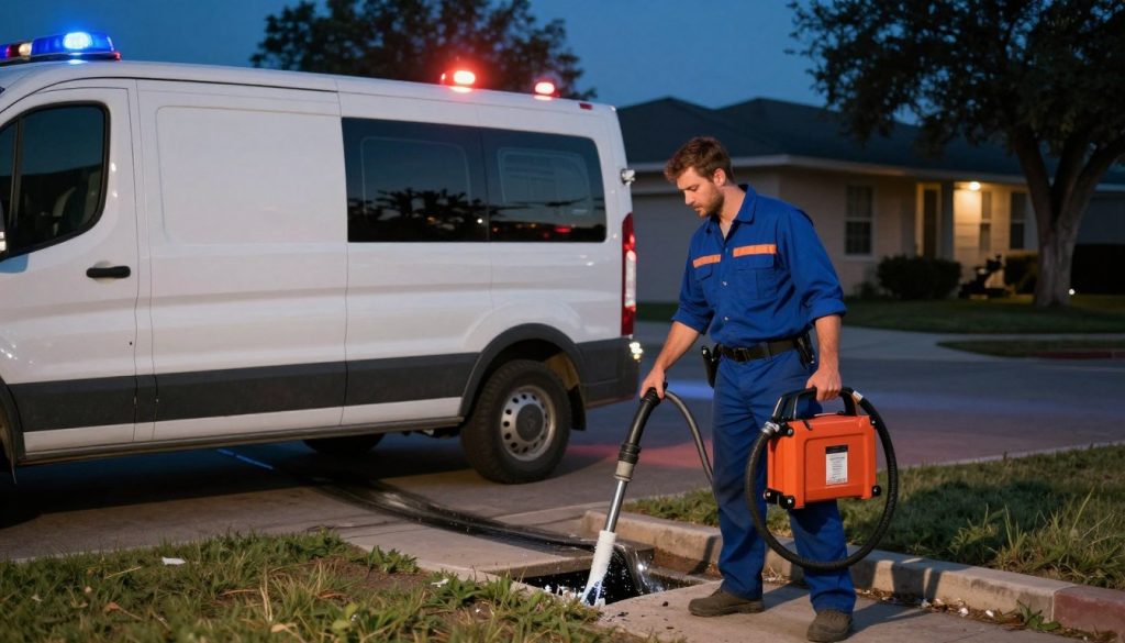 Emergency drain cleaning technician responding to urgent call in Helotes