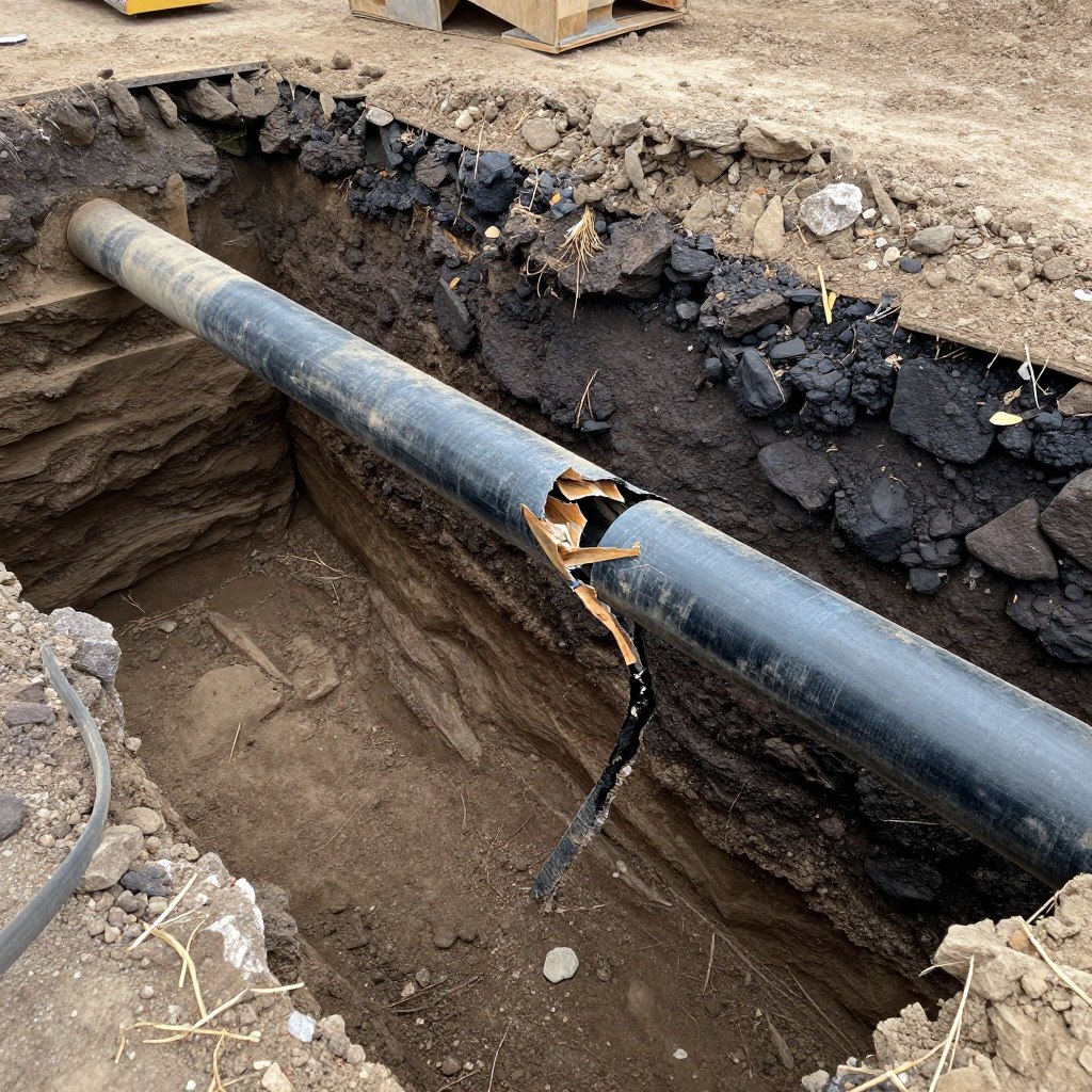 Excavation revealing soil movement damage to pipes