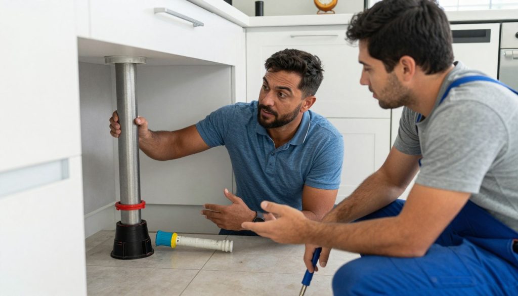 Homeowner asking drain cleaning questions to professional plumber
