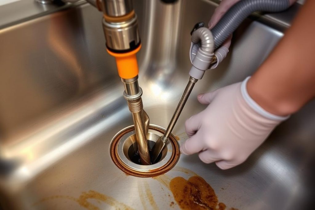 Kitchen drain clog being professionally cleaned in Alamo Heights home