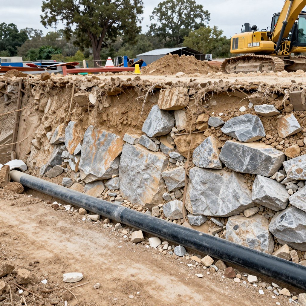 Limestone bedrock exposed during drain excavation in Helotes
