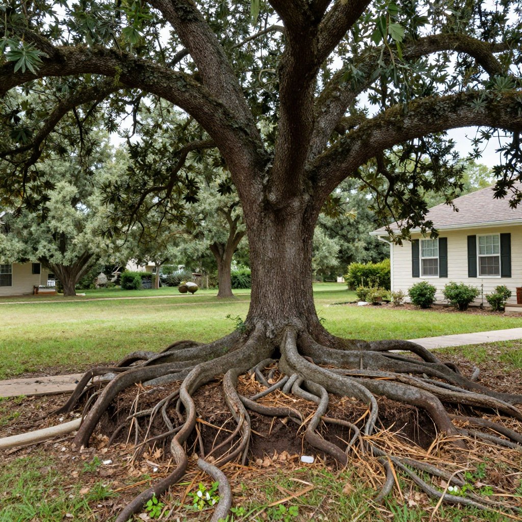 Live oak tree with extensive root system near Helotes home