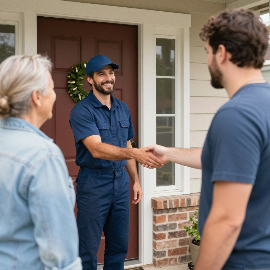 Local technician greeting Helotes homeowner