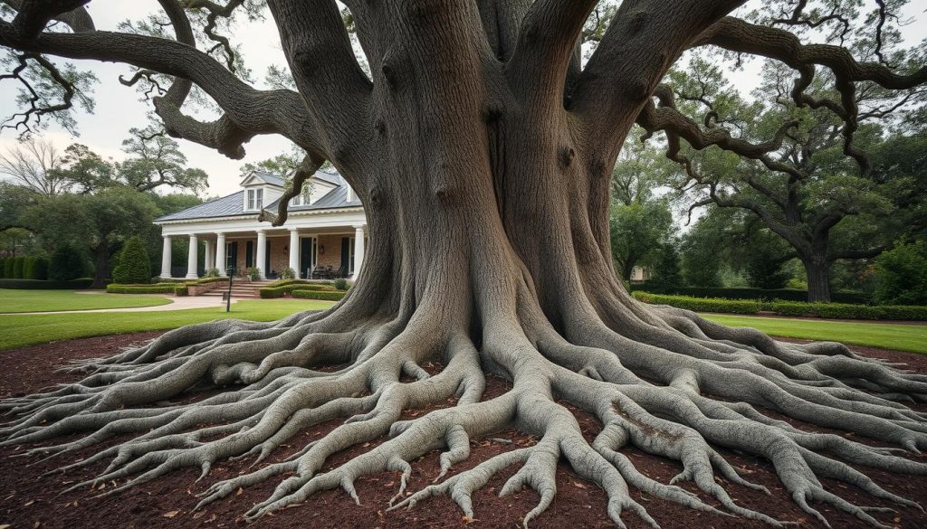 Mature oak tree roots near drain pipes in Alamo Heights yard