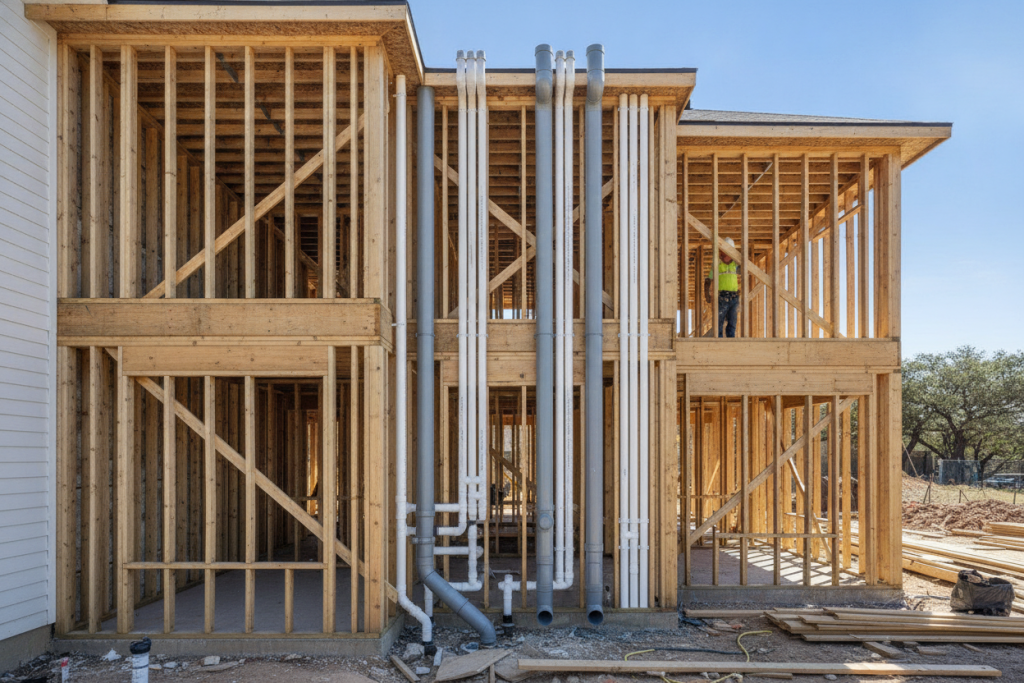 New Stone Oak home construction showing modern PVC plumbing installation