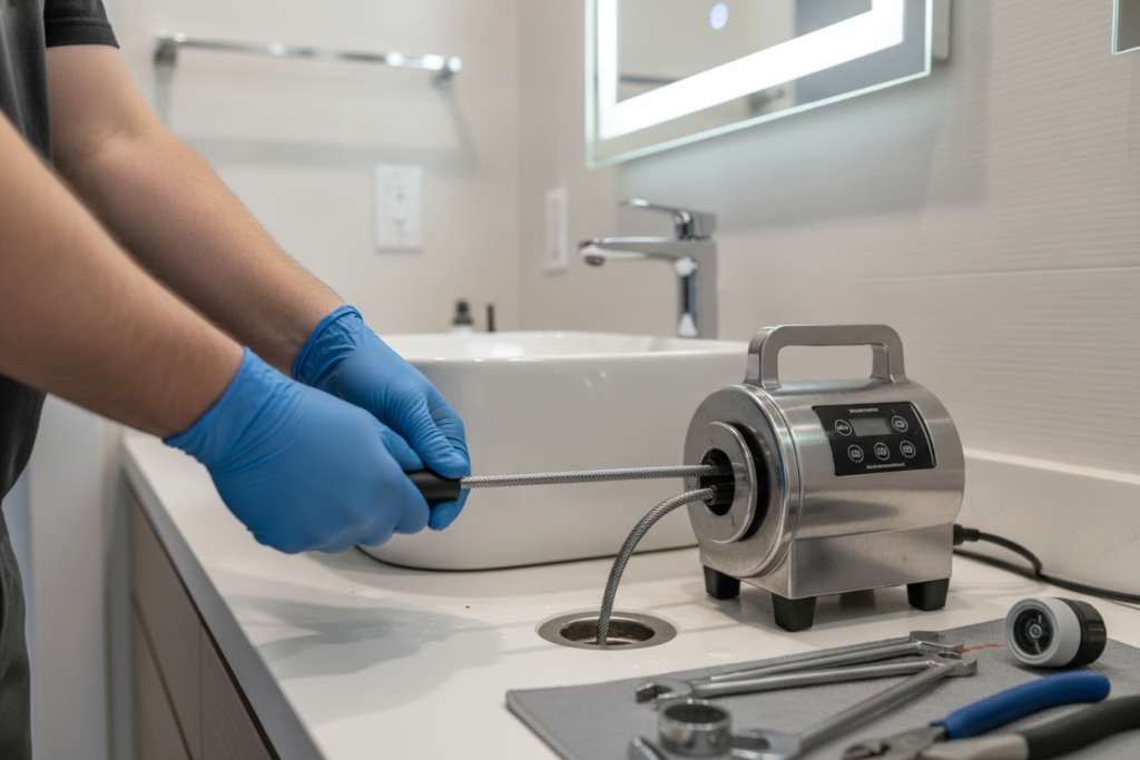 Plumber using professional drain cleaning equipment in Stone Oak bathroom