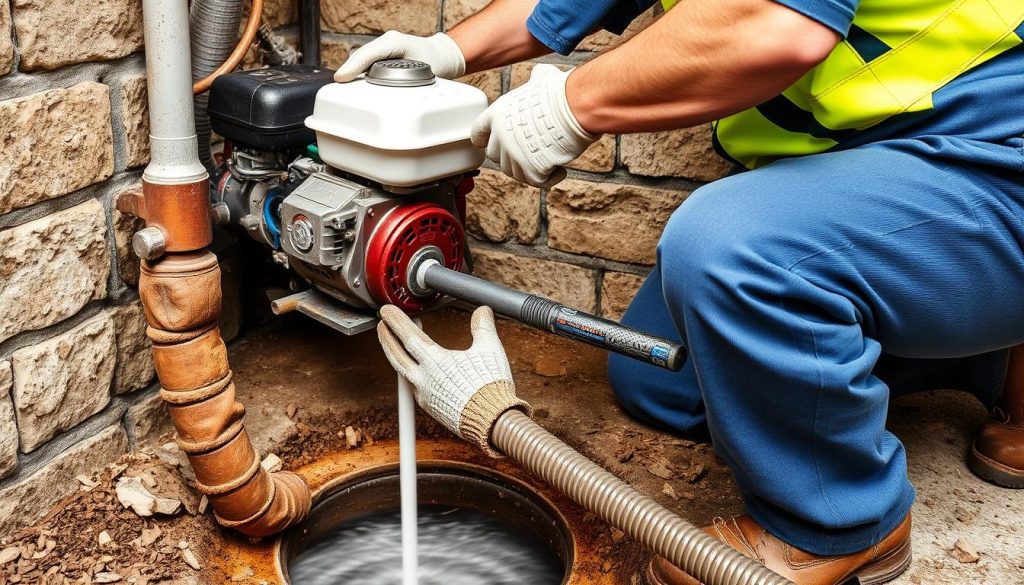 Professional drain auger being used to clear clogged pipe