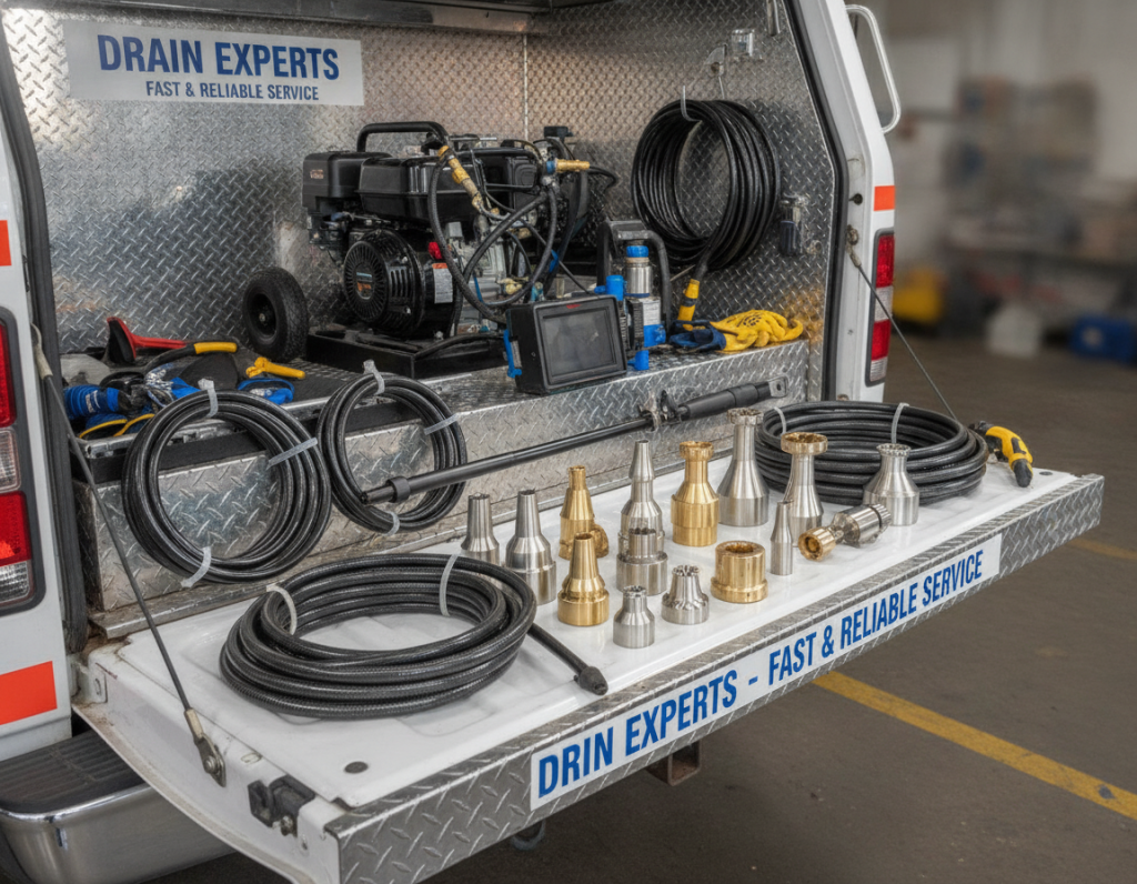 Professional drain cleaning tools and equipment laid out for service