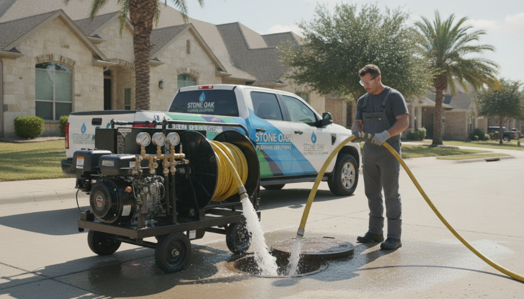 Professional hydro-jetting equipment cleaning Stone Oak drain pipe