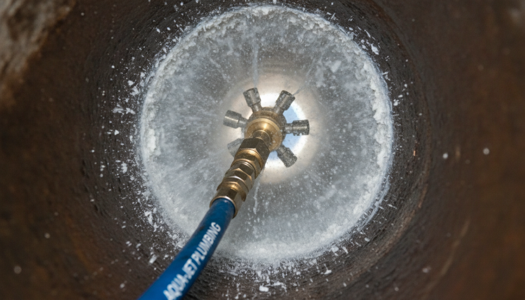Professional hydro-jetting equipment removing hard water buildup from pipes