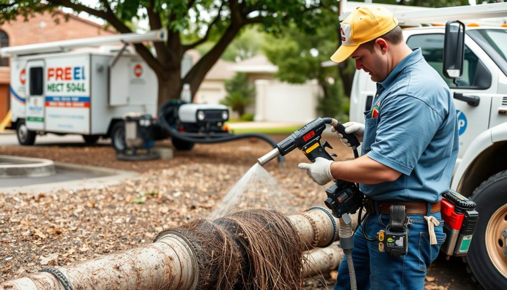 Professional hydrojetting equipment removing tree roots from sewer line