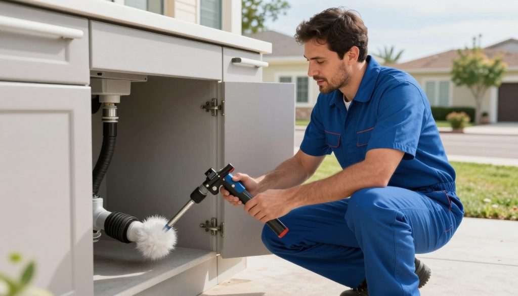 Professional plumber answering homeowner questions about drain cleaning Professional plumber answering homeowner questions about drain cleaning