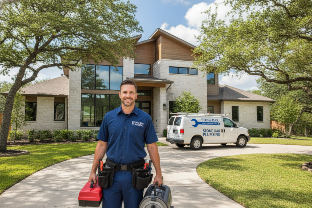 Professional plumber arriving at Stone Oak home for same-day drain service