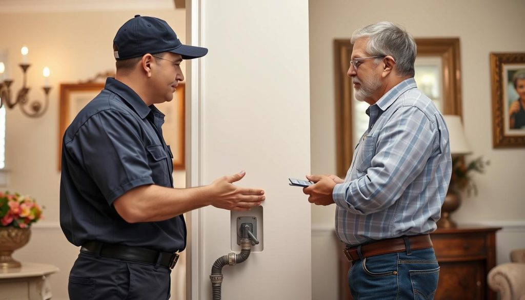 Professional plumber explaining drain cleaning process to Alamo Heights homeowner
