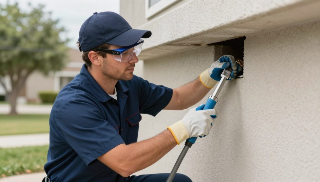 Professional plumber with safety equipment during drain service Professional plumber with safety equipment during drain service