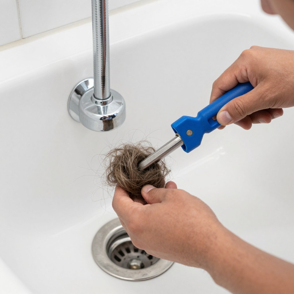 Professional removing hair clog from bathroom drain