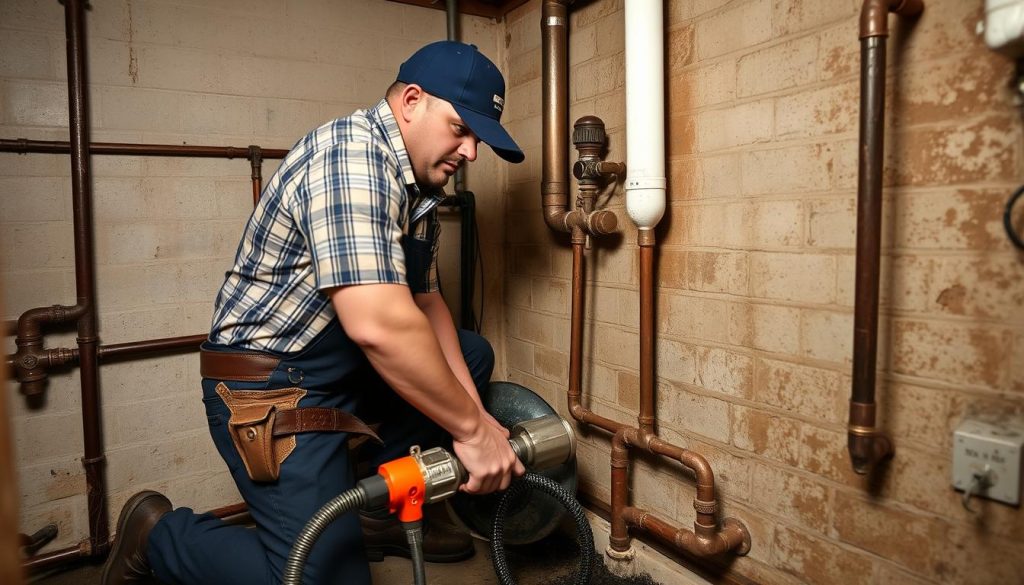 Professional using specialized equipment for historic home drain cleaning