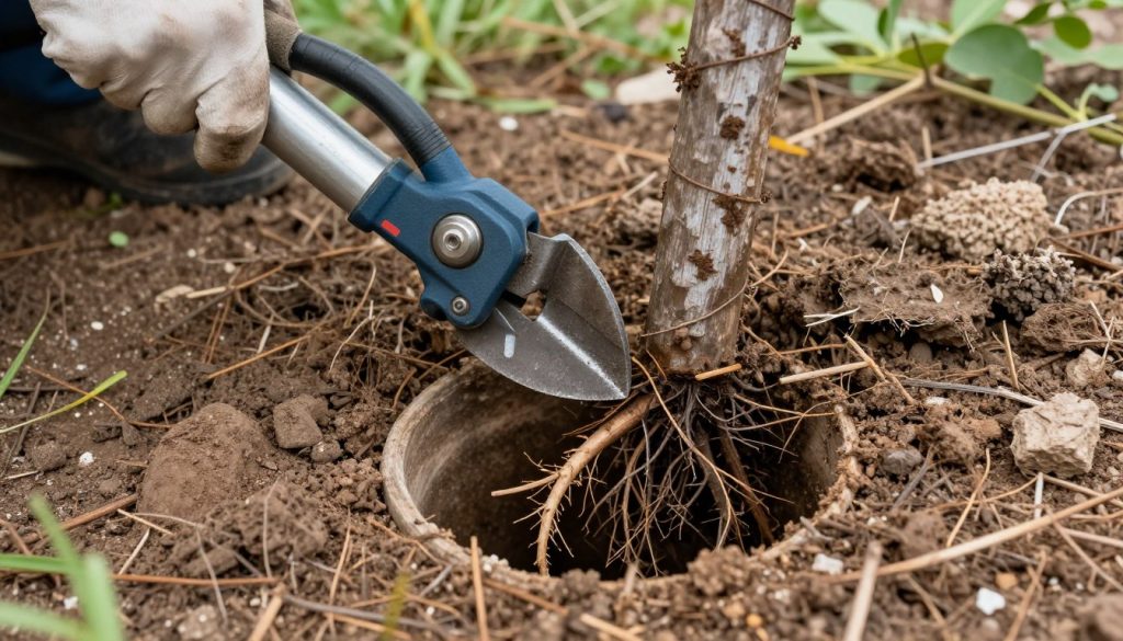 Root cutting equipment removing tree roots from sewer line