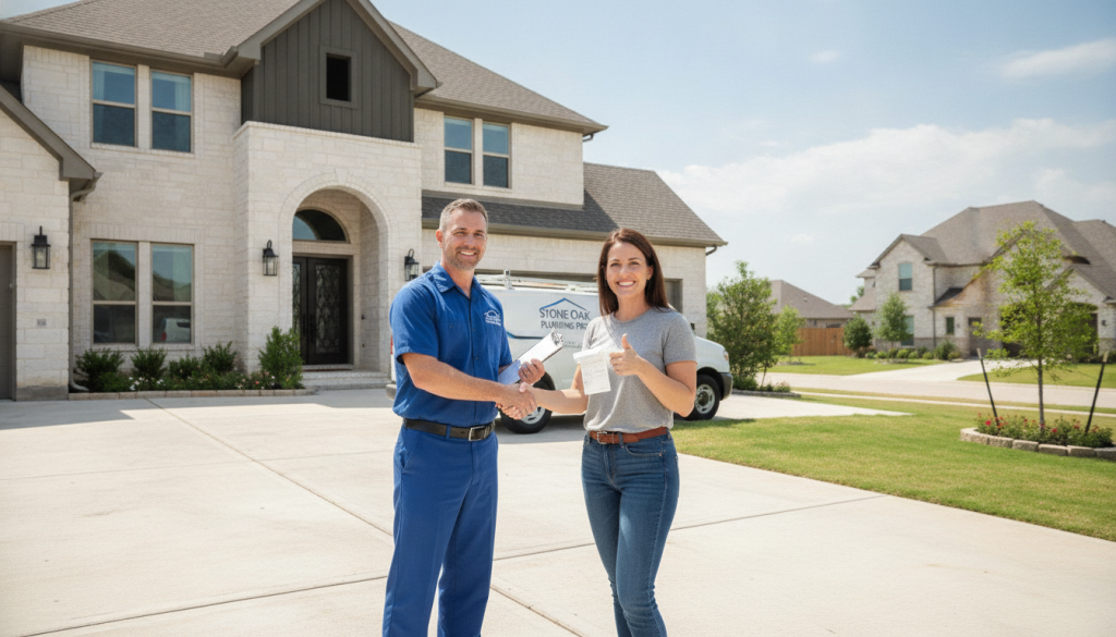 Satisfied Stone Oak homeowner with professional plumber after successful drain cleaning