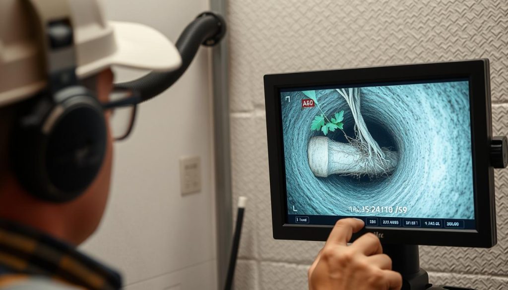 Sewer line camera inspection showing tree root intrusion in Alamo Heights