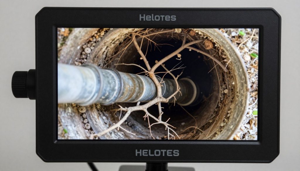 Tree root intrusion in sewer line discovered during camera inspection