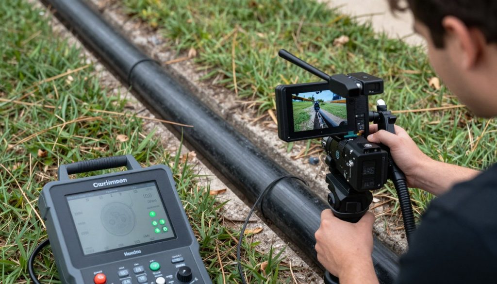 Video camera inspection of main sewer line in Helotes
